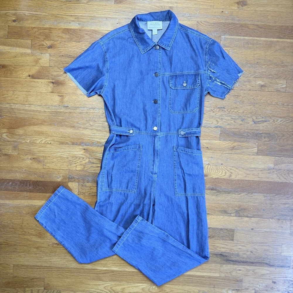 Mare Mare x Anthropologie Aya Denim Women's Size S Utility Jumpsuit Blue Cropped